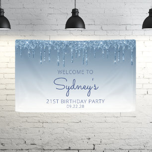Glam Blue Glitter Drip 21st Birthday Party Banner