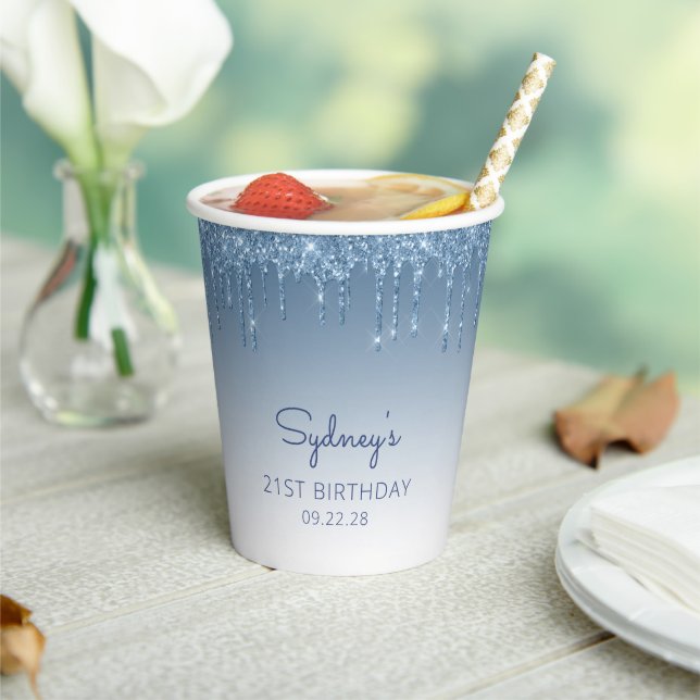 Glam Blue Glitter Drip 21st Birthday Party Paper Cups (Insitu)