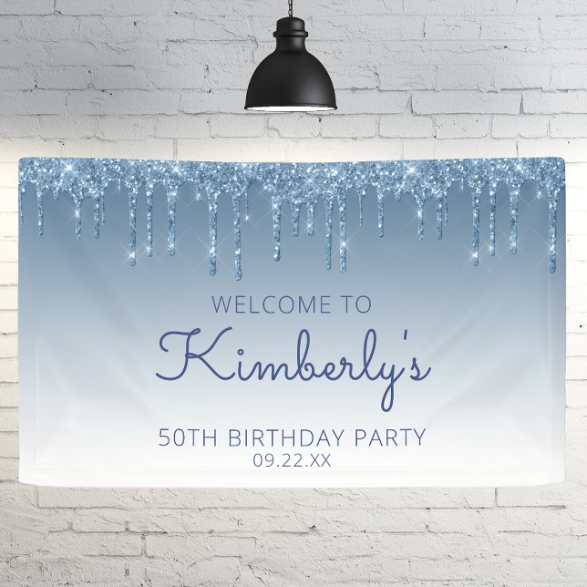 Glam Blue Glitter Drip 50th Birthday Party Banner (Creator Uploaded)