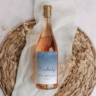 Glam Blue Glitter Drip 50th Birthday Party Wine Label