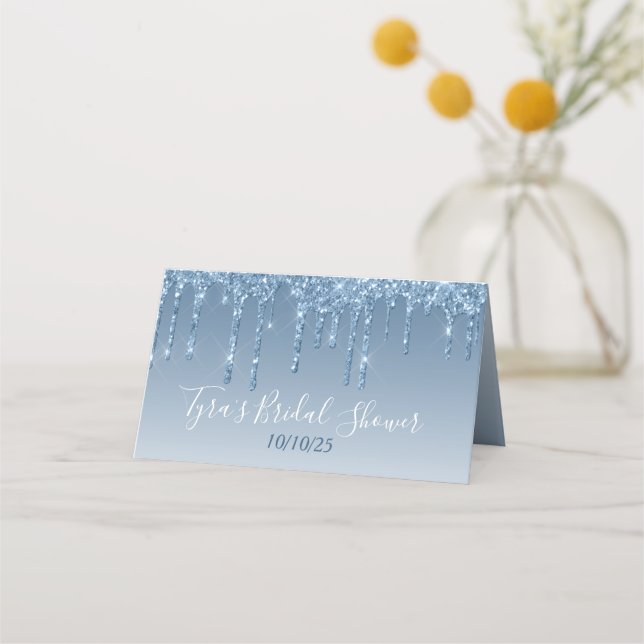 Glam Blue Glitter Drip Elegant Personalised  Place Card (Back)