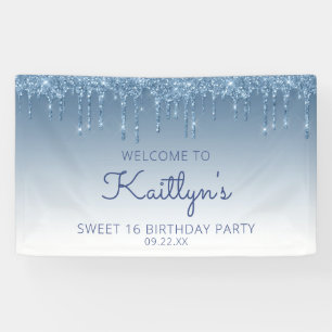 Glam Blue Glitter Drip Sweet 16 Party Banner