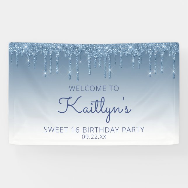 Glam Blue Glitter Drip Sweet 16 Party Banner (Horizontal)
