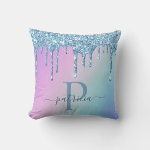 Glam Blue Glitter Drips Elegant Monogram Cushion