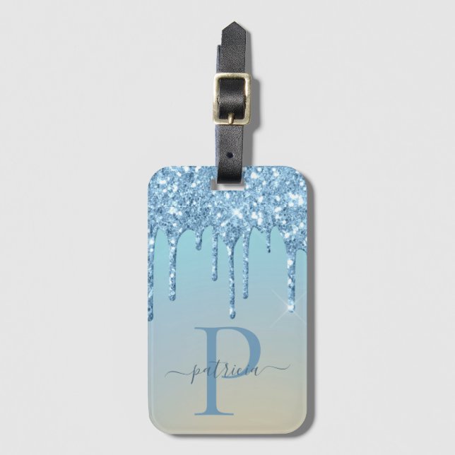 Glam Blue Glitter Drips Elegant Monogram  Luggage Tag (Front Vertical)