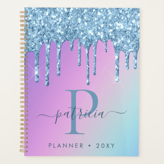Glam Blue Glitter Drips Elegant Monogram   Planner (Front)