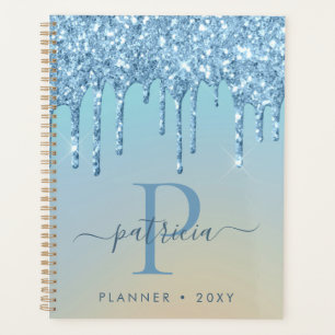 Glam Blue Glitter Drips Elegant Monogram   Planner