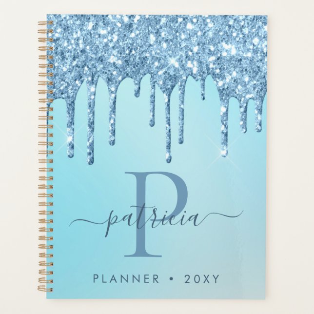 Glam Blue Glitter Drips Elegant Monogram   Planner (Front)