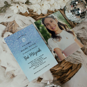 Glam Blue Glitter Look Bat Mitzvah Photo Back Invitation