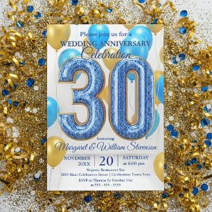 Glam Blue Gold Balloons 30th Wedding Anniversary  Invitation