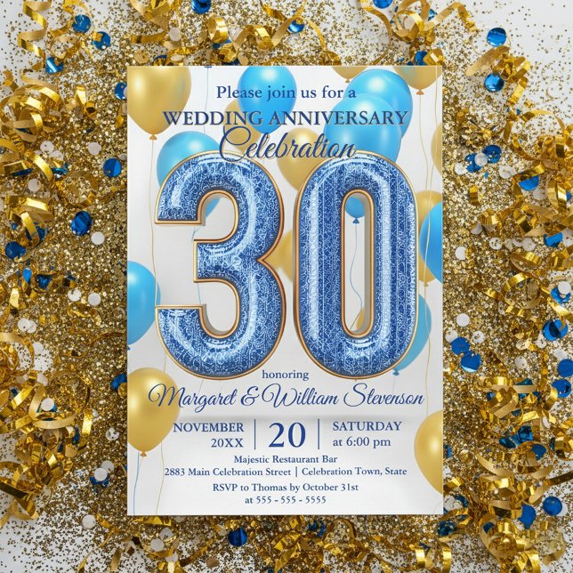 Glam Blue Gold Balloons 30th Wedding Anniversary  Invitation (Creator Uploaded)