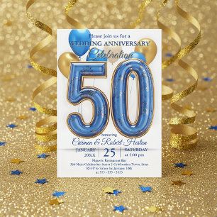Glam Blue Gold Balloons 50th Wedding Anniversary  Invitation