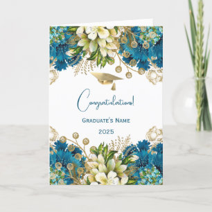 Glam Blue Gold Floral Graduation Card