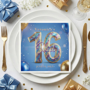 Glam Blue Gold Glitter Balloon Sweet 16 Birthday Napkin