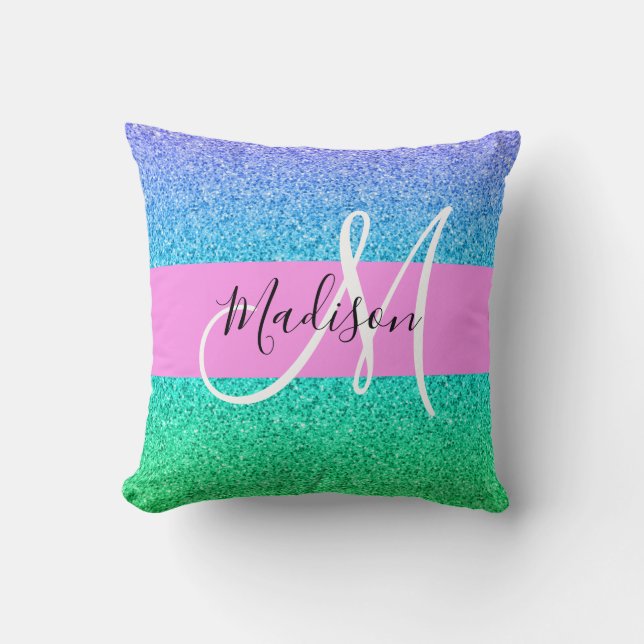 Glam Blue Green Glitter Sparkle Gradient Monogram Cushion (Front)