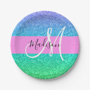 Glam Blue Green Glitter Sparkle Gradient Monogram Paper Plate