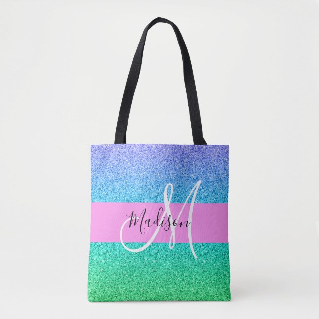 Glam Blue Green Glitter Sparkle Gradient Monogram Tote Bag (Front)