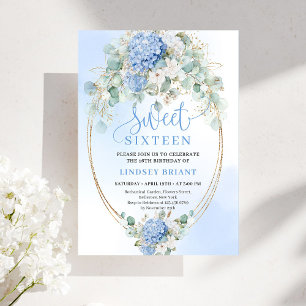 Glam Blue Hydrangeas Gold Sweet Sixteen Invite