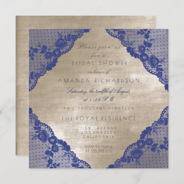 Glam Blue Navy Lace Ivory Velvet Bridal Shower Invitation (Front/Back)