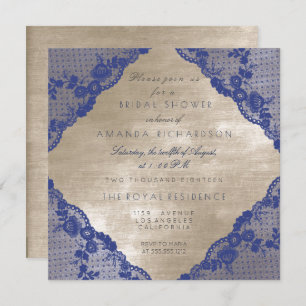 Glam Blue Navy Lace Ivory Velvet Bridal Shower Invitation