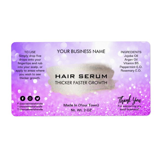Glam Blue Purple Silver Glitter Hair Serum Label (Front)