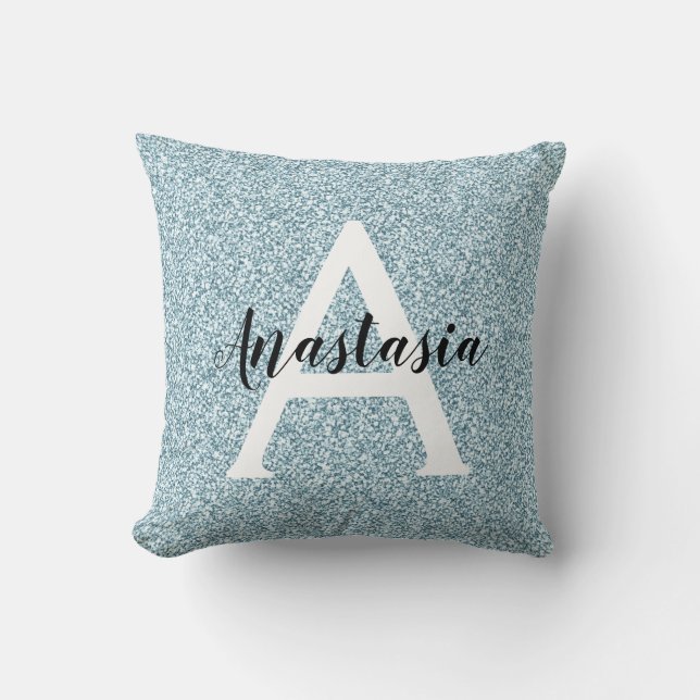 Glam Blue Silver Glitter Sparkles Monogram Name Cushion (Front)