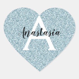 Glam Blue Silver Glitter Sparkles Monogram Name Heart Sticker