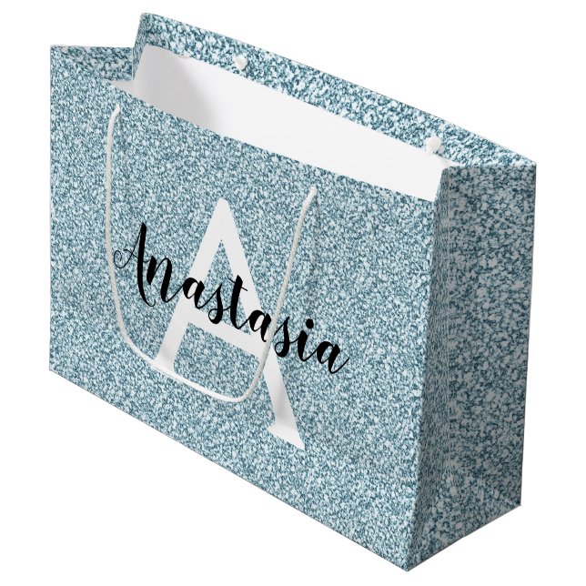 Glam Blue Silver Glitter Sparkles Monogram Name Large Gift Bag (Front Angled)