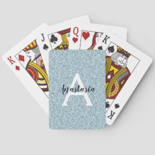 Glam Blue Silver Glitter Sparkles Monogram Name Playing Cards