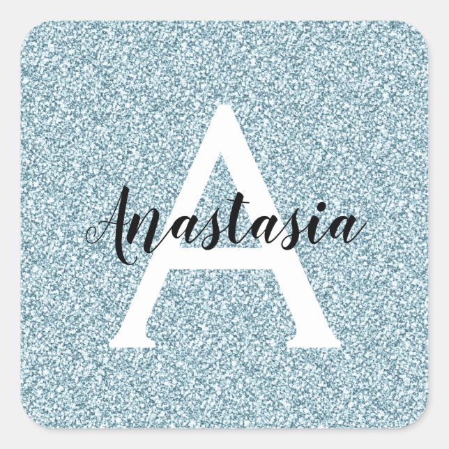 Glam Blue Silver Glitter Sparkles Monogram Name Square Sticker (Front)