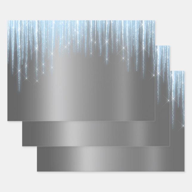 Glam Blue Silver Icicles Christmas Wrapping Paper Sheet (Set)