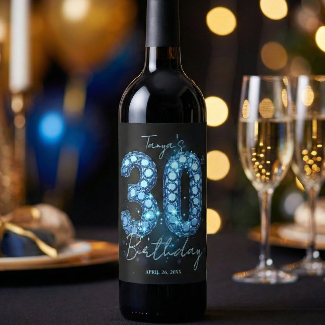 Glam Blue Teal Diamond Sparkle 30th Birthd Wine Label (Creator Uploaded)