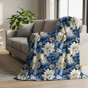 Glam Blue White Ivory Floral Cosy Fleece Blanket