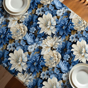 Glam Blue White Ivory Floral Designer Tablecloth