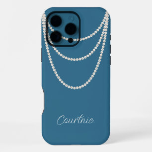 Glam Blue White Pearls iPhone 16 Pro Max Case
