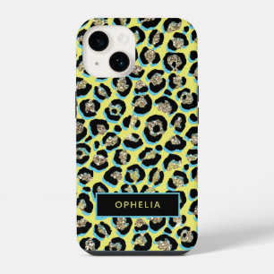 Glam Blue Yellow Gold Glitter Leopard Print Name iPhone 14 Case
