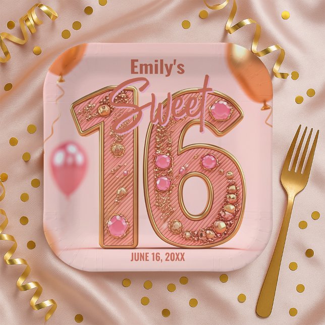 Glam Blush and Rose Gold Sparkle Sweet Sixteen  Paper Plate (Creator Uploaded)