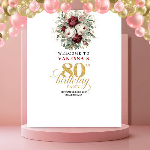 Glam Blush Burgundy 80th Birthday Banner Tapestry