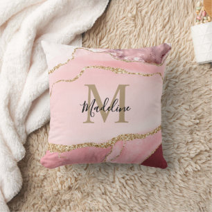 Glam Blush Pink Agate Geode Glitter Gold Monogram Cushion
