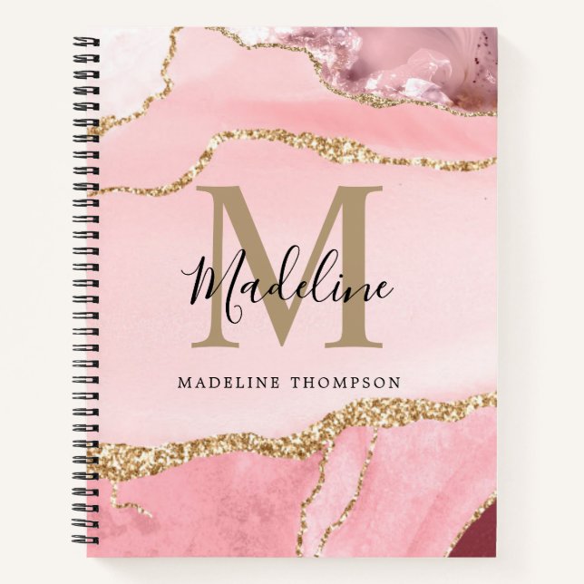Glam Blush Pink Agate Geode Gold Script Monogram Notebook (Front)