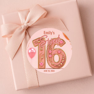Glam Blush Pink and Gold Gemstone Sweet Sixteen  Classic Round Sticker