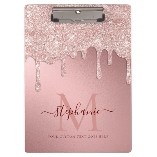 Glam Blush Pink Glitter Drip Foil Monogram Clipboard (Front)