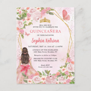Glam Blush Pink Gold Floral Princess Quinceañera Invitation Postcard