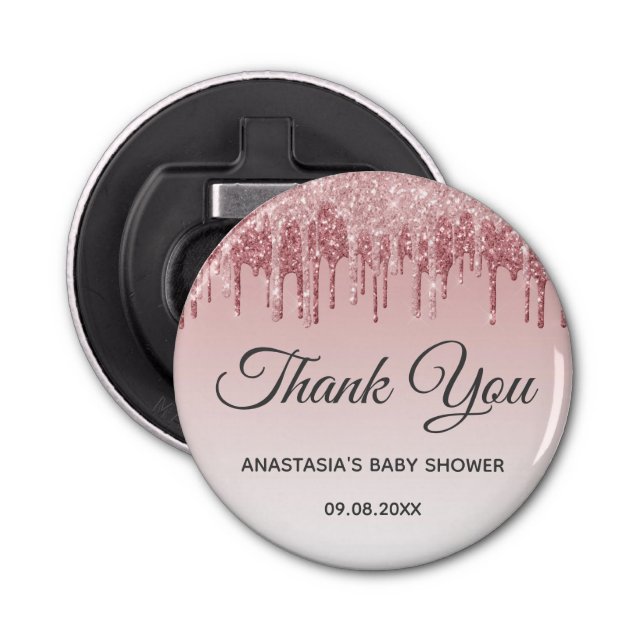 Glam Blush Pink Gold Glitter Thank You Baby Shower Bottle Opener (Front)