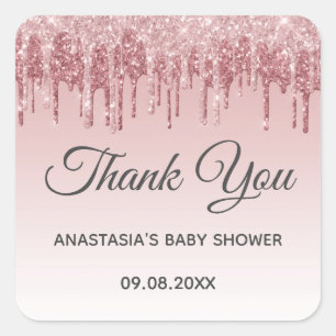 Glam Blush Pink Gold Glitter Thank You Baby Shower Square Sticker