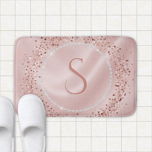 Glam Blush Pink Rose Gold Glitter Monogram Bath Mat