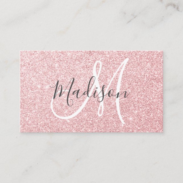 Glam Blush Pink Rose Gold Glitter Sparkle Monogram Business Card (Front)