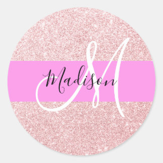 Glam Blush Pink Rose Gold Glitter Sparkle Monogram Classic Round Sticker