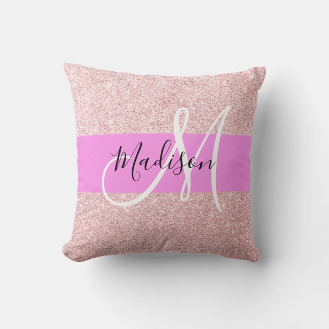 Glam Blush Pink Rose Gold Glitter Sparkle Monogram Cushion (Front)