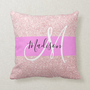 Glam Blush Pink Rose Gold Glitter Sparkle Monogram Cushion